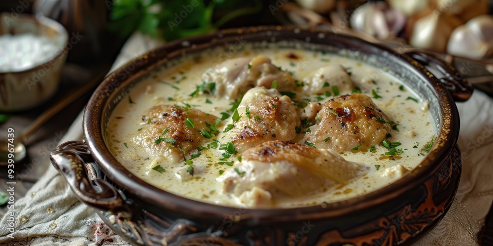 Exquisite Chicken Chkmeruli in Creamy Garlic Sauce: A Celebration of Authentic Dishes on a Classic Table Arrangement Exquisite Chicken Chkmeruli in Creamy Garlic Sauce: A Celebration of Authentic Dishes on a Classic Table Arrangement