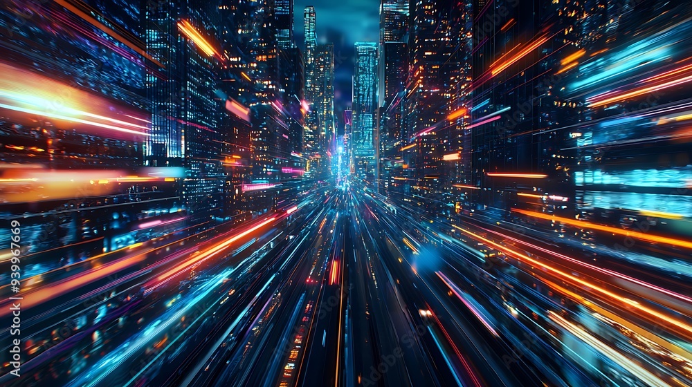 Fototapeta premium Speed light trails path through smart modern mega city and skyscrapers town with neon futuristic technology background, future virtual reality, motion effect, high speed light
