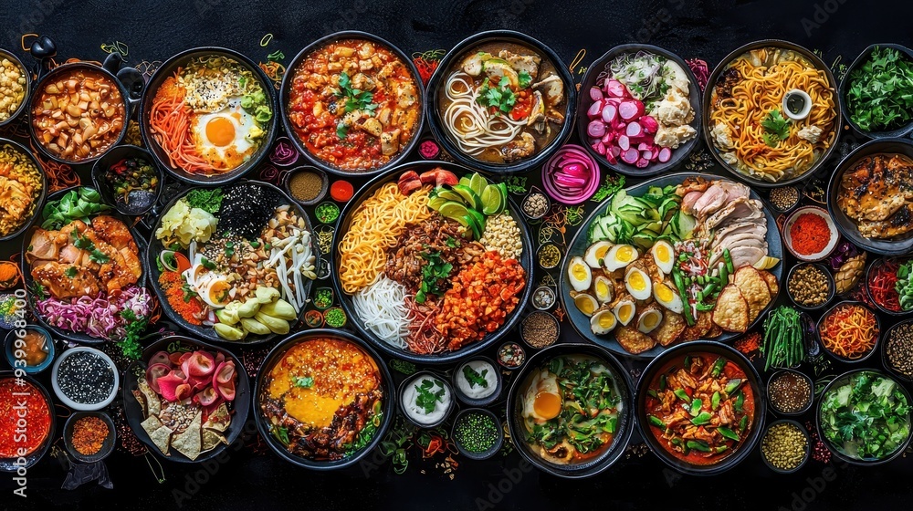 Asian Food Bowls with Noodles Vegetables and Meat Asian Food Bowls with Noodles Vegetables and Meat
