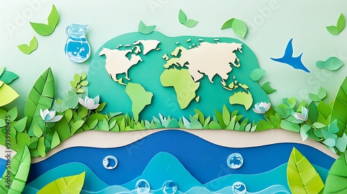 Fototapeta Naklejka Na Ścianę i Meble -  Paper art , Ecology and world water day , Saving water and world Environment day, environmental protection and save earth water