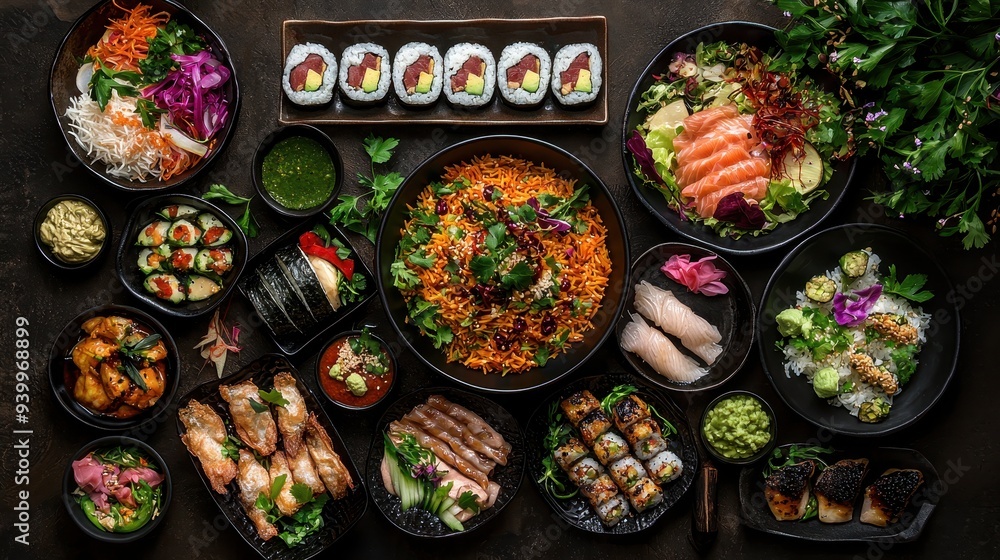 Japanese Sushi and Asian Food Platter on Black Background Japanese Sushi and Asian Food Platter on Black Background