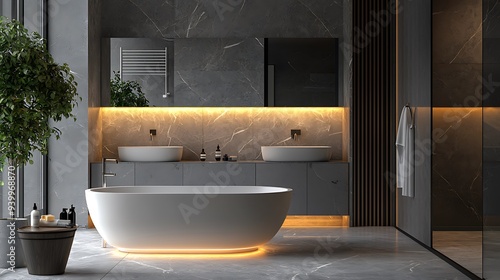 sleek grey marble bathroom with LED lighting, double vanity, and freestanding tub