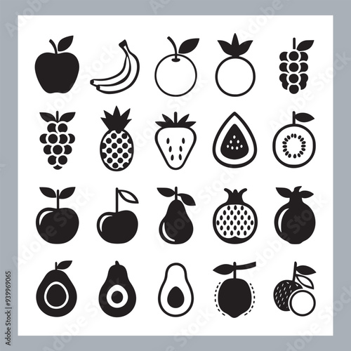 Fruits silhouette icon set, symbol style, Fruits Apple, banana, orange, mango, grape, pineapple, strawberry, watermelon, pear, cherry, kiwi, blueberry, papaya, peach, pomegranate silhouette