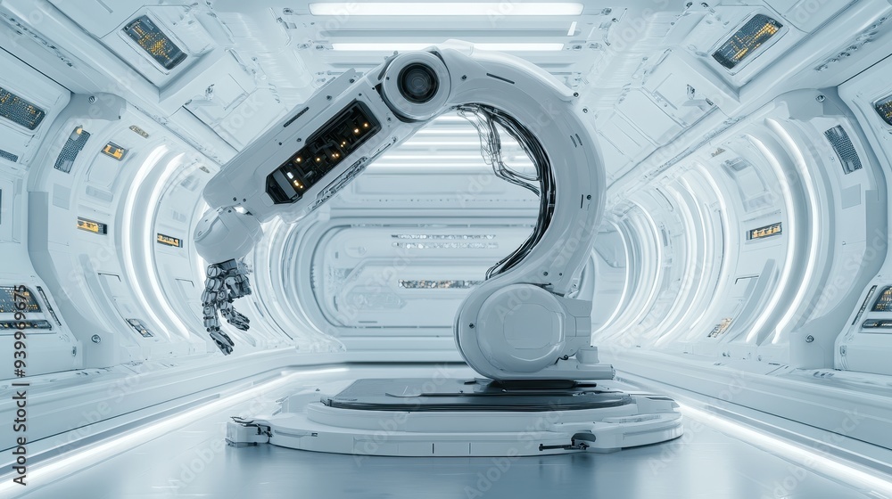 Futuristic Robotic Arm in White Space Station Corridor Futuristic Robotic Arm in White Space Station Corridor
