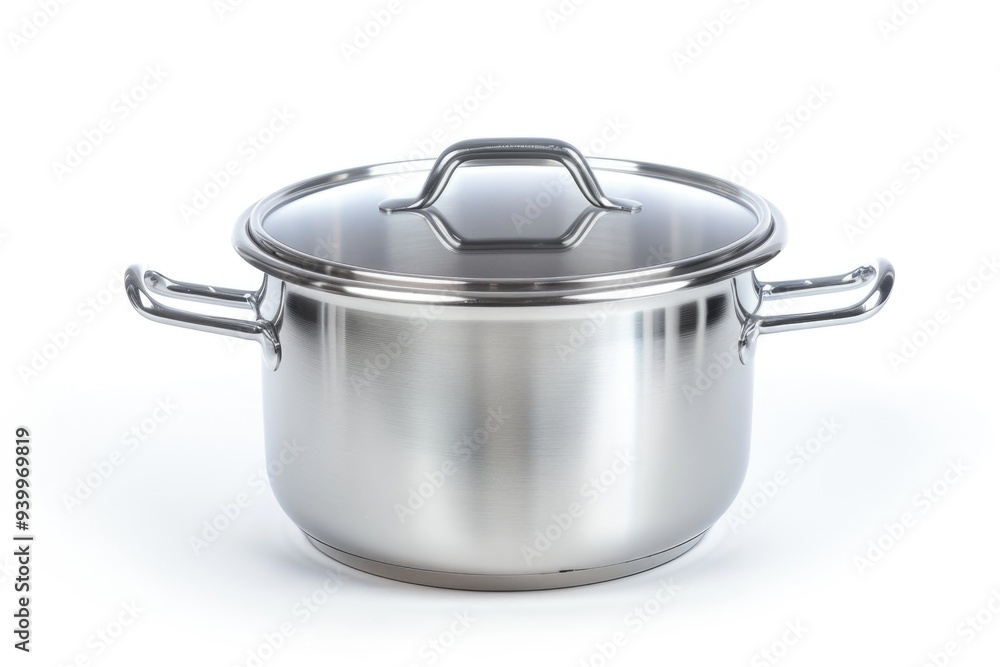 A stainless steel pot with a lid on a white background, perfect for still life photography or cooking illustrations A stainless steel pot with a lid on a white background, perfect for still life photography or cooking illustrations