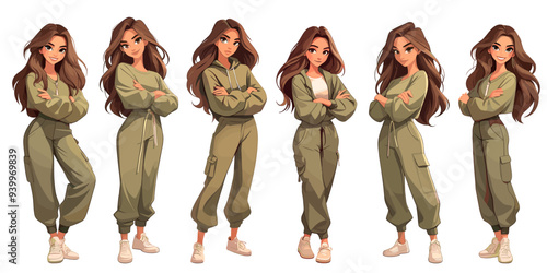 Woman in comfortable casual clothes. Young girl full length. overalls green female cartoon character set vector illustration