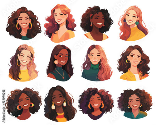 women avatar portrait. young girl, face diversity individual ethnicity fashion smile set vector illustration