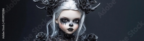 Gothic doll figurine, with a lace dress, dark makeup, and roses around her, black and white color scheme, Victorian style, moody lighting