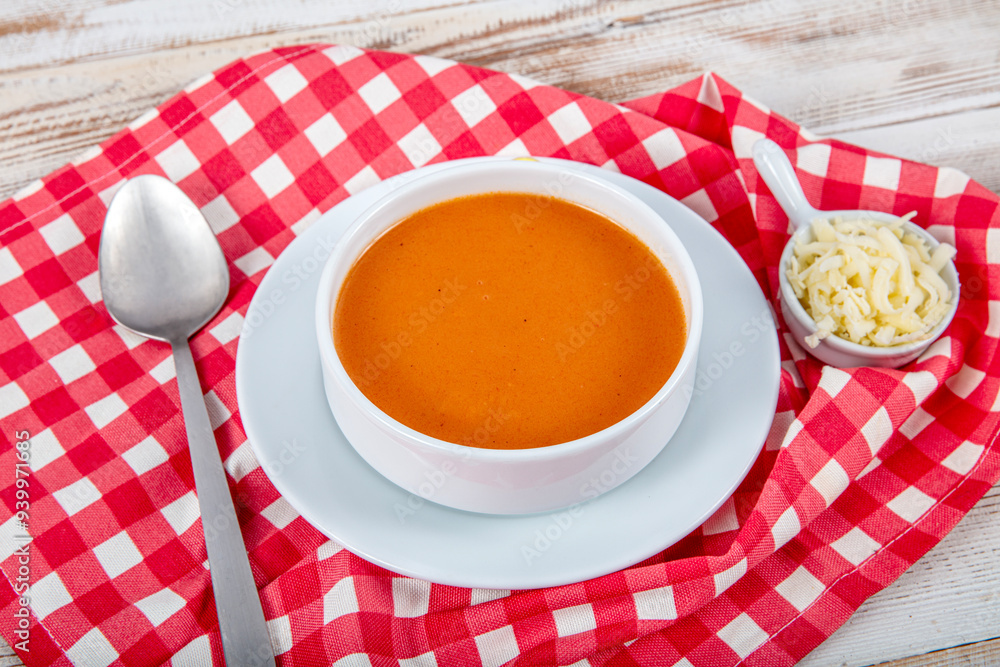 Turkish cuisine Tomato Soup. Delicious looking tomato soup. Turkish name; Domates corbasi Turkish cuisine Tomato Soup. Delicious looking tomato soup. Turkish name; Domates corbasi