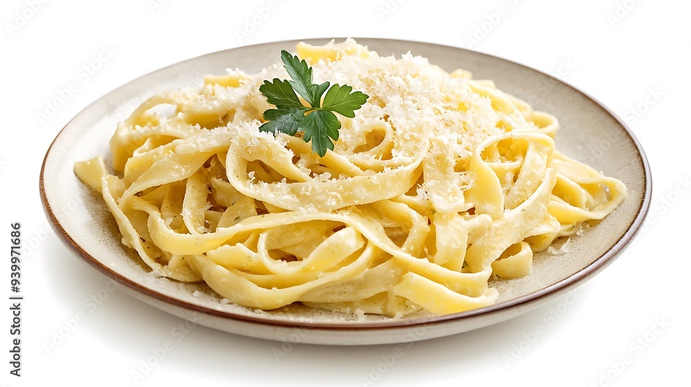 Fettuccine creamy sauce with parmesan cheese on plate isolated on white background.,italian food Fettuccine creamy sauce with parmesan cheese on plate isolated on white background.,italian food