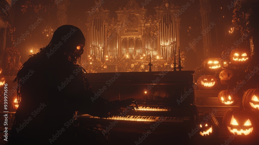 Skeleton Playing Piano with Pumpkins and Candlelight in Spooky Church Interior Skeleton Playing Piano with Pumpkins and Candlelight in Spooky Church Interior