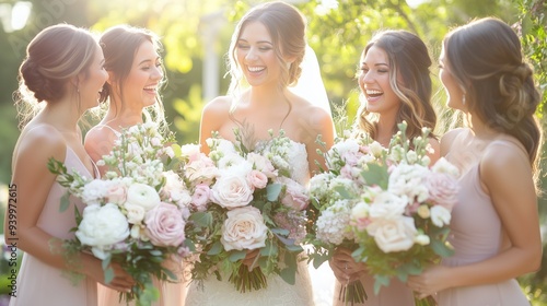 A radiant bride in white stands with her joyful bridesmaids in pastels, amid a lush garden.