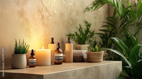 Explore a serene zero-waste bathroom with elegant glass bottles, lush plants, and calming earth tones.