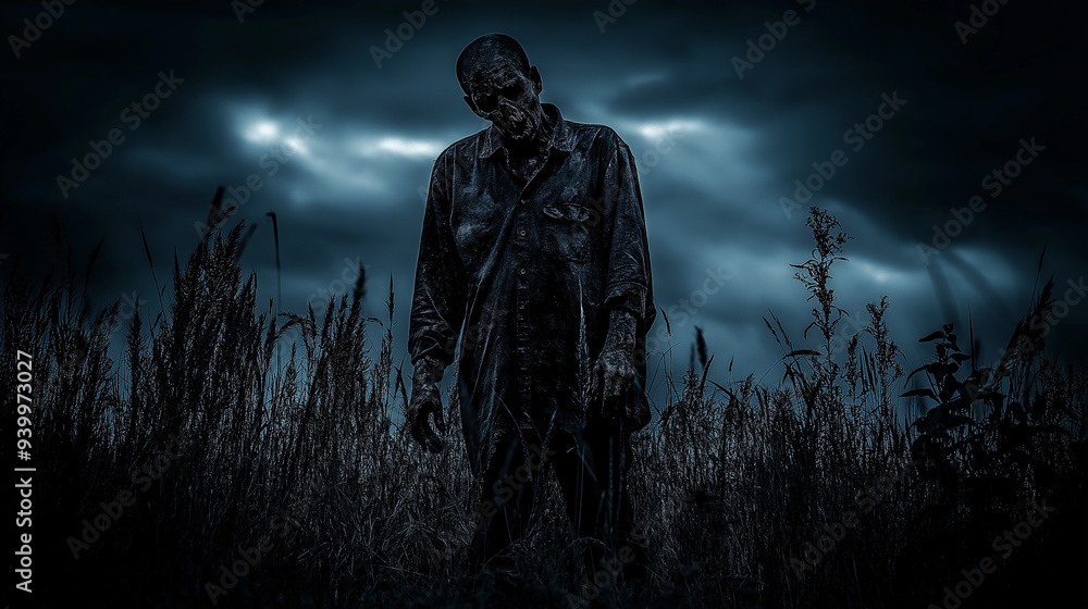 Fototapeta premium Night of the Undead: A solitary zombie stalks through a desolate field, illuminated by an eerie, stormy sky - a chilling vision of horror.