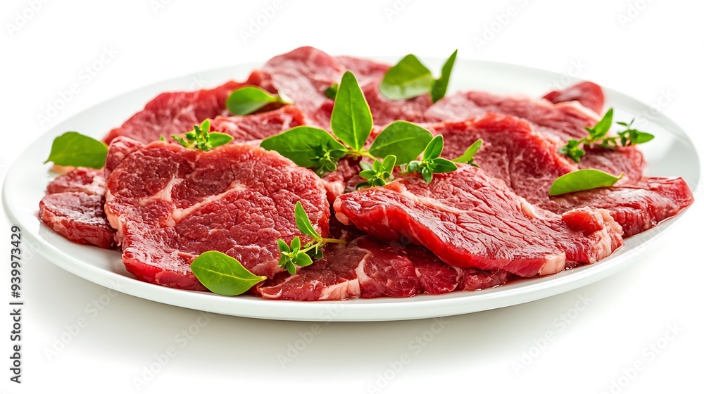 Raw beef slices on plate isolated on white background. Raw beef slices on plate isolated on white background.