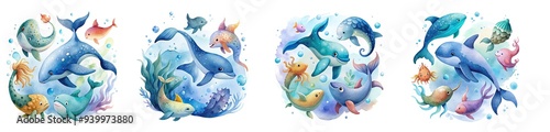 Watercolor painting of sea animals swimming playfully, white background