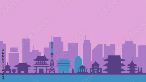 A minimalist vector illustration of the Japan Tokyo skyline in a white background. The design uses simple shapes and lines. There Are silhouettes of buildings in grey and turquoise.