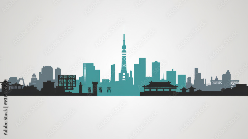 A minimalist vector illustration of the Japan Tokyo skyline in a white background. The design uses simple shapes and lines. There Are silhouettes of buildings in grey and turquoise. A minimalist vector illustration of the Japan Tokyo skyline in a white background. The design uses simple shapes and lines. There Are silhouettes of buildings in grey and turquoise.