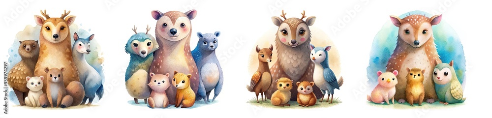 Watercolor little owl with bear, deer, and hedgehog baby and mother, white background Watercolor little owl with bear, deer, and hedgehog baby and mother, white background