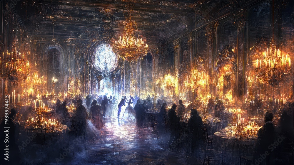 Fototapeta premium Grand Ballroom with Chandeliers and Candlelight