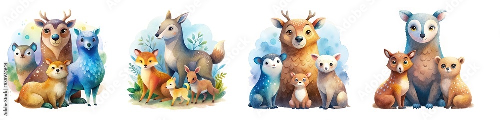 Fototapeta premium Watercolor art of baby owl, bear, and deer with mothers, white background