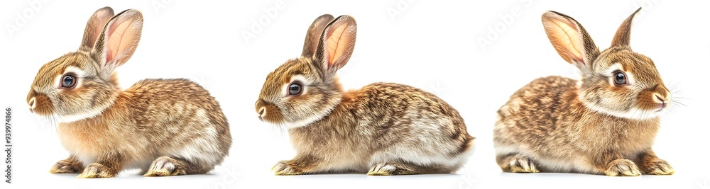 Fototapeta premium Three Cute Brown Rabbits Sitting Isolated on White Background.
