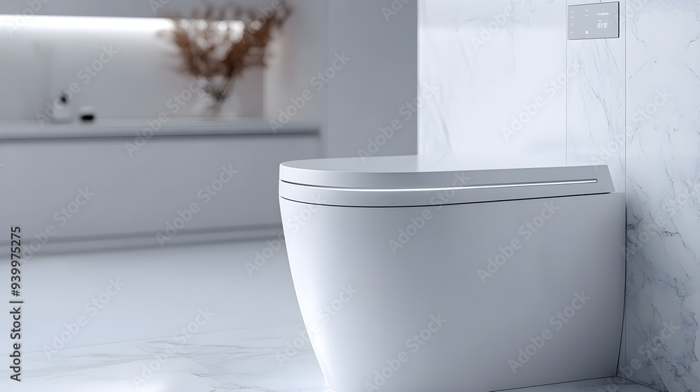 Futuristic bathroom with a smart toilet, modular brush holder, smart storage system, sleek matte white design, integrated bidet, and digital controls Futuristic bathroom with a smart toilet, modular brush holder, smart storage system, sleek matte white design, integrated bidet, and digital controls