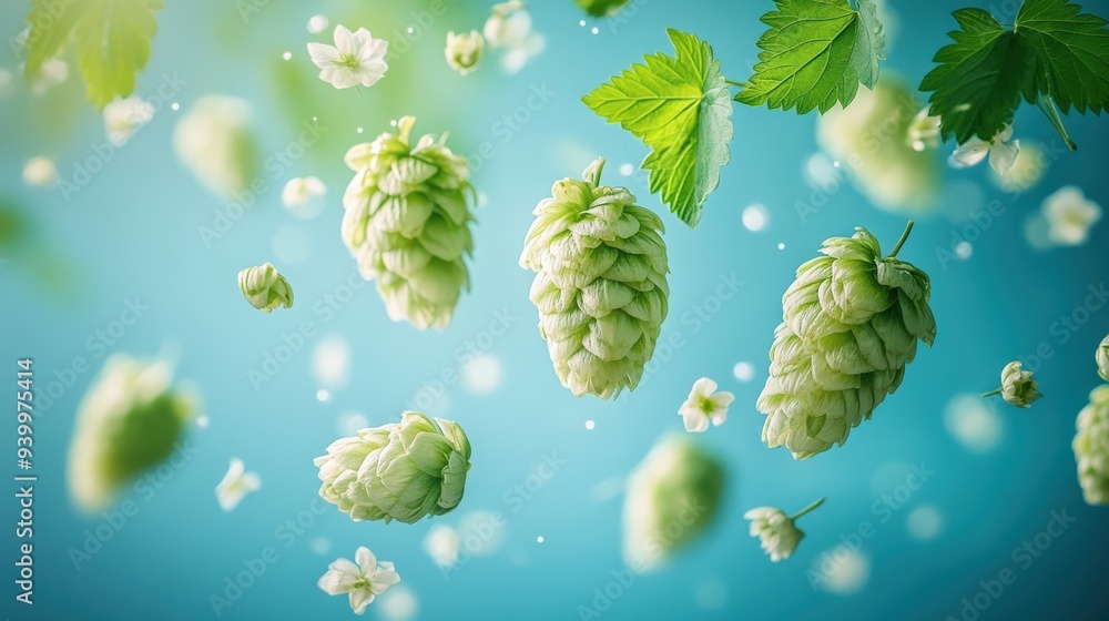Fototapeta premium Hops Cones and Leaves Floating on Blue