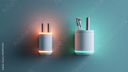 Futuristic metal brush holder, magnetic base and wall-mountable, featuring neon accents, ideal for contemporary and small workspaces