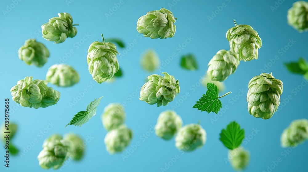 Hops and Green Leaves Suspended in Mid-Air Hops and Green Leaves Suspended in Mid-Air