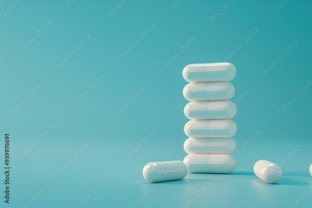 A stack of pills placed on a blue surface, often used in medical or pharmaceutical settings A stack of pills placed on a blue surface, often used in medical or pharmaceutical settings