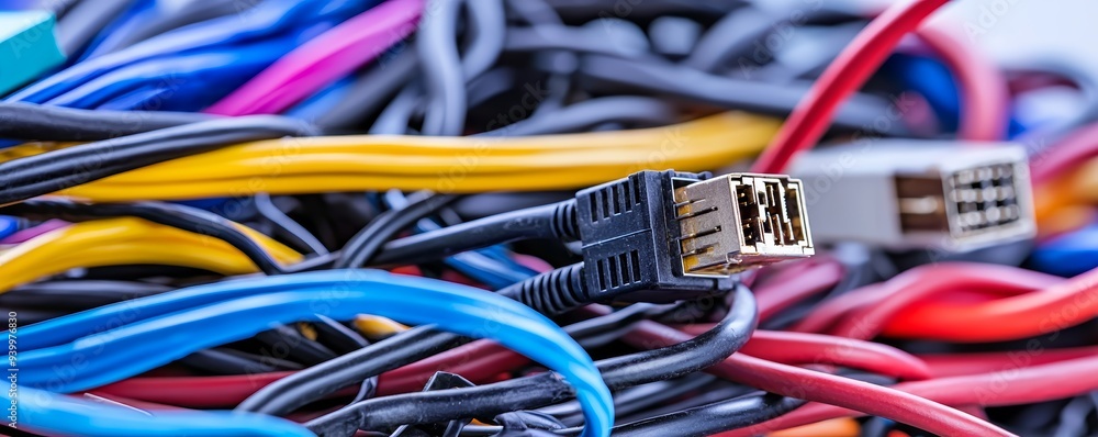 Tangled multicolored computer cables and wires creating a complex technological web of connectivity Tangled multicolored computer cables and wires creating a complex technological web of connectivity