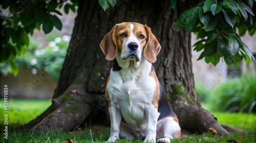 Portrait of Beagle Dog Sitting Under a Tree