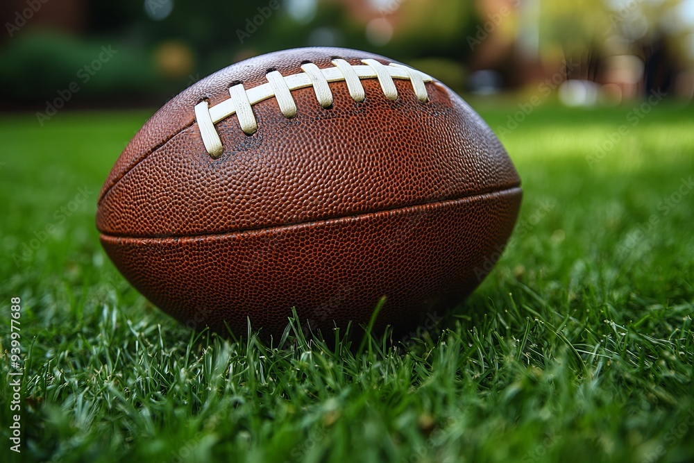A brown leather football sits on lush green grass under bright sunlight, ideal for a game or practice session. Generative AI A brown leather football sits on lush green grass under bright sunlight, ideal for a game or practice session. Generative AI