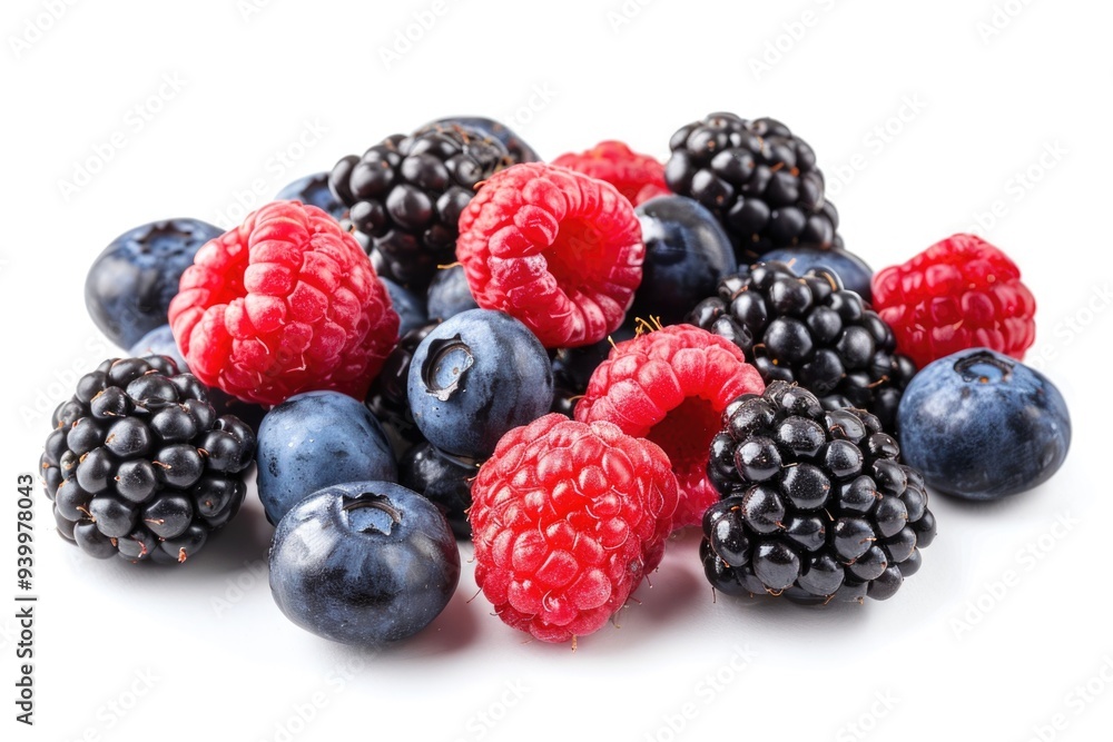 A pile of fresh raspberries and blueberries arranged on a white surface A pile of fresh raspberries and blueberries arranged on a white surface
