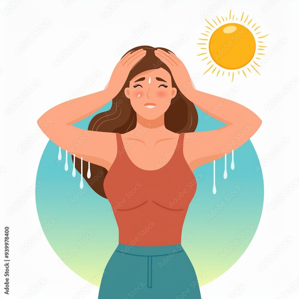 Young woman at outdoor with hot sun light has a risk to have Heat stroke. Symptoms such as high body temperature, sweat, perspire, headache, red skin, dehydration. Flat vector illustration character. Young woman at outdoor with hot sun light has a risk to have Heat stroke. Symptoms such as high body temperature, sweat, perspire, headache, red skin, dehydration. Flat vector illustration character.