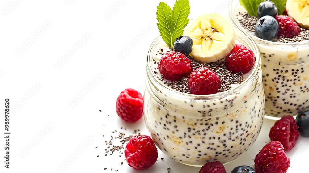 Overnight Oats meal with chia seeds and mixed berries and banana in jar glasses isolated on white background, for healthy food concept. Overnight Oats meal with chia seeds and mixed berries and banana in jar glasses isolated on white background, for healthy food concept.