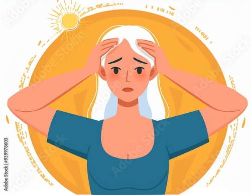 Young woman at outdoor with hot sun light has a risk to have Heat stroke. Symptoms such as high body temperature, sweat, perspire, headache, red skin, dehydration. Flat vector illustration character.