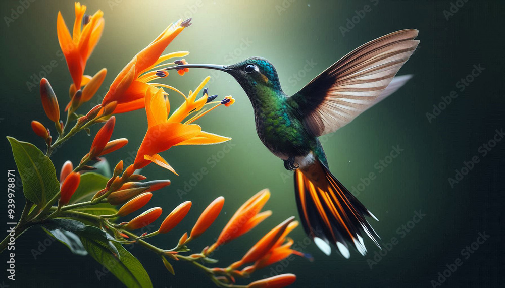 Fototapeta premium Hummingbird Long-tailed Sylph, Aglaiocercus kingi with orange flower, in flight. Hummingbird from Colombia in the bloom flower, wildlife from tropic jungle.