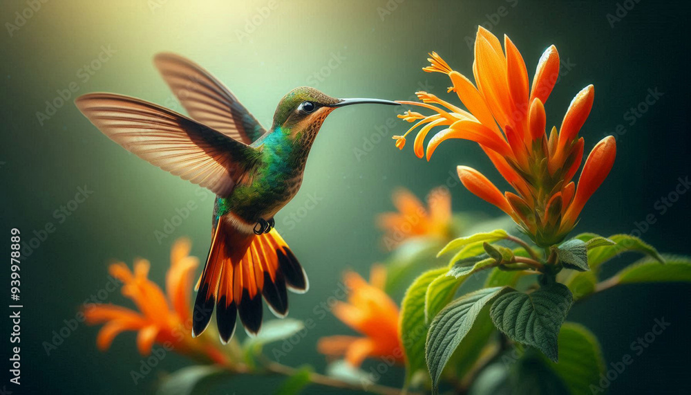 Fototapeta premium Hummingbird Long-tailed Sylph, Aglaiocercus kingi with orange flower, in flight. Hummingbird from Colombia in the bloom flower, wildlife from tropic jungle.