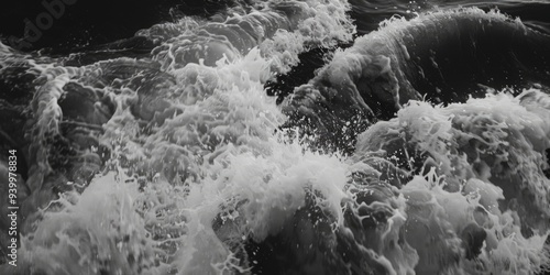 A black and white photograph of ocean waves crashing against the shore