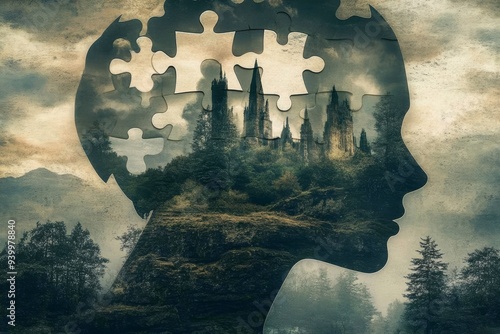 Surreal silhouette of a human head with puzzle pieces symbolizing the mysteries of thought memory and the complexities of identity in a dreamlike atmospheric design