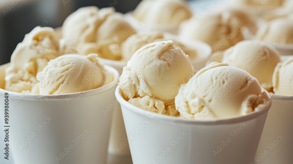 Ice cream in white paper cups. Ice cream background Ice cream in white paper cups. Ice cream background