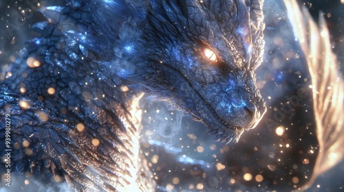Majestic Blue Dragon with Glowing Eyes and Sparks