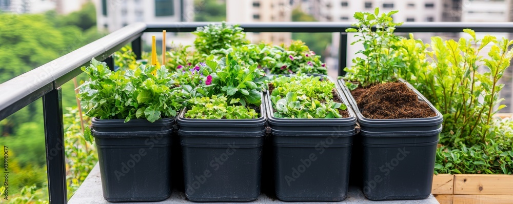 Organic vegetable garden on balcony with assorted potted plants, greenery, and herbs Organic vegetable garden on balcony with assorted potted plants, greenery, and herbs