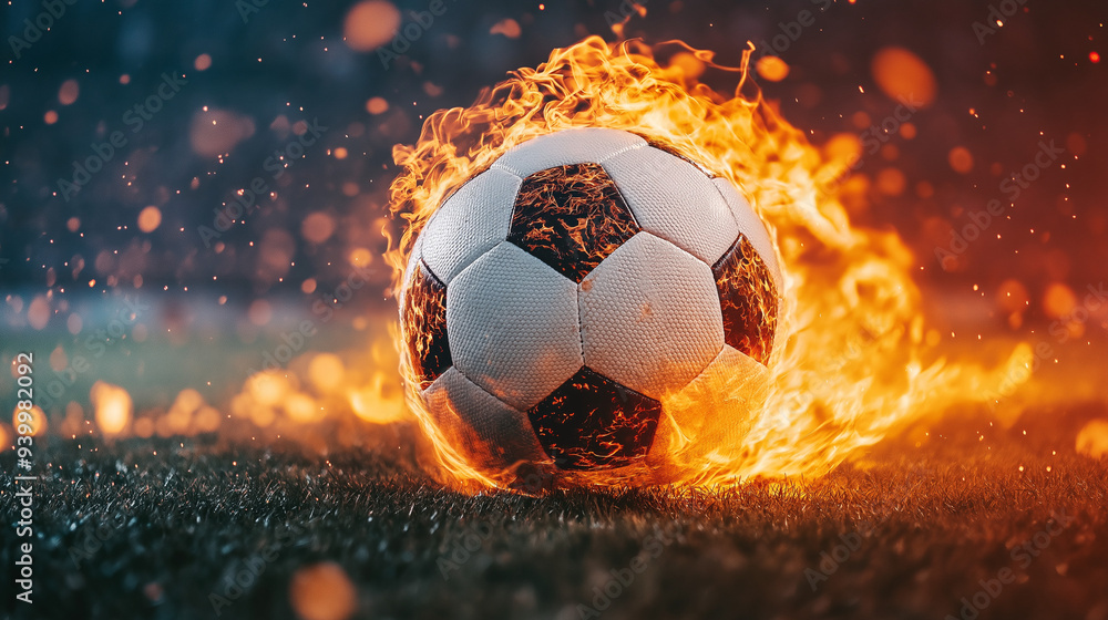 Naklejka premium Burning Passion for the Beautiful Game: A soccer ball engulfed in fierce flames ignites the night, embodying the intense passion and drive for victory.