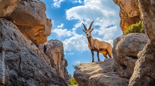 An Iberian ibex gracefully navigates rocks in Antequera, showcasing its elegance in a stunning habitat.