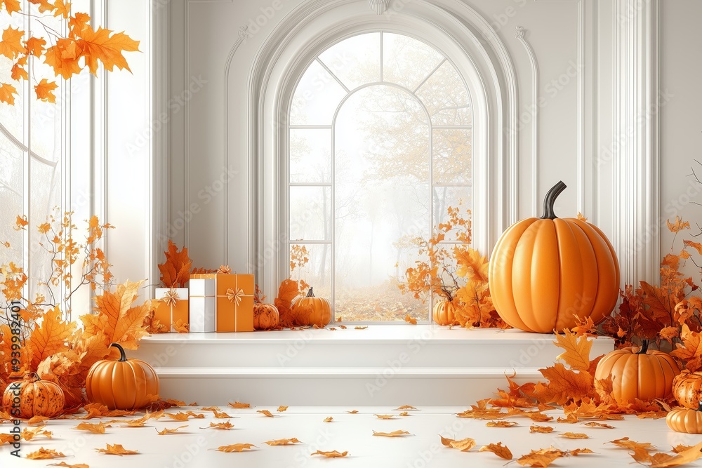 Obraz premium Autumn Display Podium Decoration Background with Autumn leaves and empty minimal podium pedestal product display.Background or banner template for the design of Autumn and Fall Banners