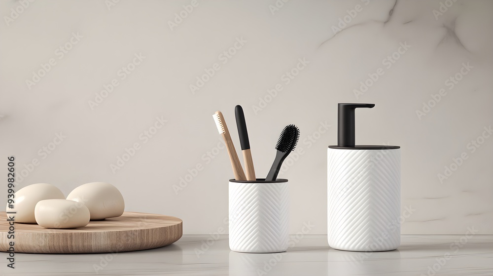 Naklejka premium Modern brush holder with sleek, smart design, adorned with elegant geometric patterns. Features a minimalist, space-saving structure perfect for stylish kitchens