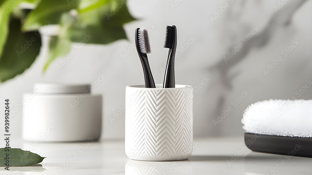 Naklejka premium Modern ceramic brush holder with intricate patterns, perfect for minimalistic spaces, combining style and functionality for compact storage